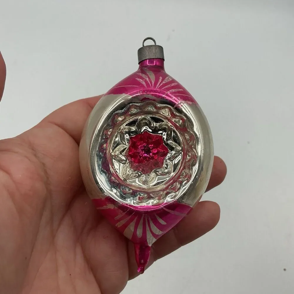 Vintage Mercury Glass Reflector Christmas Ornament Pink Silver Indent 4”